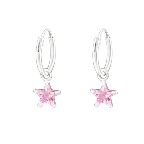 925 Sterling Silver Hoop Sleeper Earrings with Pink Cubic Zirconia Star - Charming and Trendy Ltd