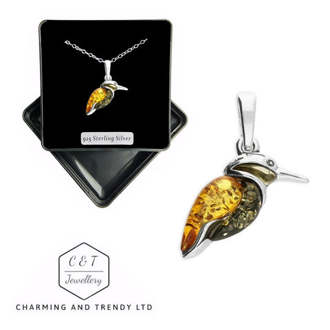 925 Sterling Silver Mixed Amber Kingfisher Pendant - Charming and Trendy Ltd