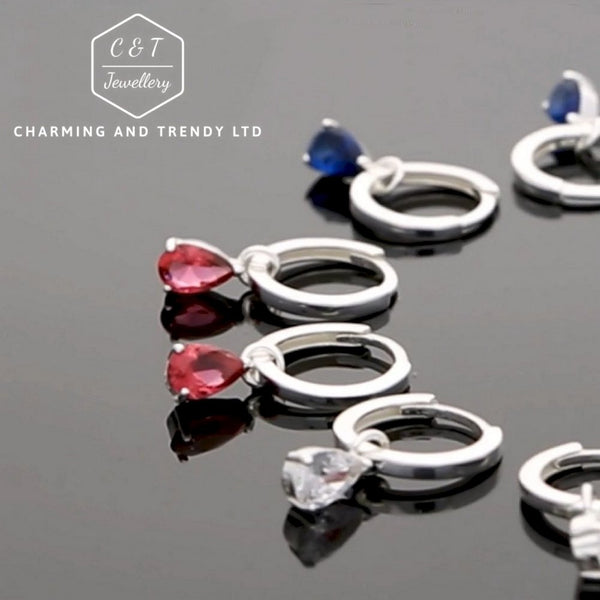 925 Sterling Silver Hinged Hoop Garnet CZ Teardrop Earrings - Charming and Trendy Ltd