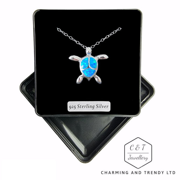925 Sterling Silver Blue Opal Turtle Pendant - Gift Box - Charming and Trendy Ltd