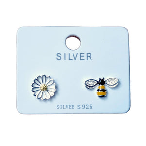 925 Sterling Silver Bee and Flower Stud Earrings