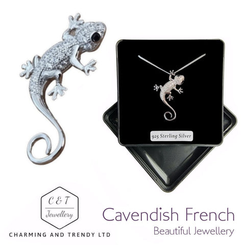 925 Sterling Silver Cubic Zirconia Studded Gecko Pendant by Cavendish French - Charming and Trendy Ltd
