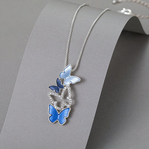 Silver Plated Blue & Crystal Butterfly Pendant Necklace - Charming and Trendy Ltd 