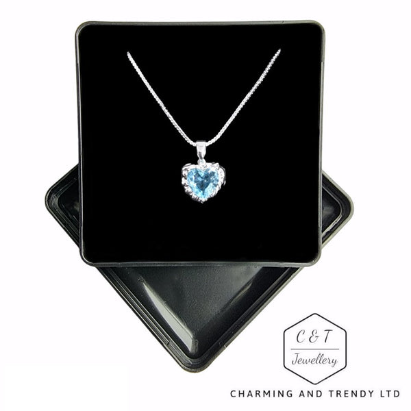 Silver Plated Blue Topaz Cubic Zirconia Heart Necklace - Charming and Trendy Ltd 