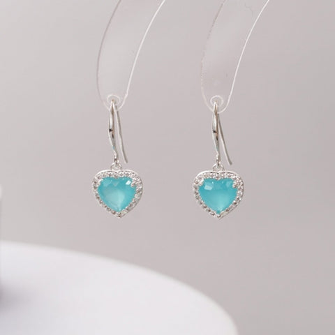 Silver Plated Aqua Blue Crystal Heart Drop Hook Earrings - Charming and Trendy Ltd