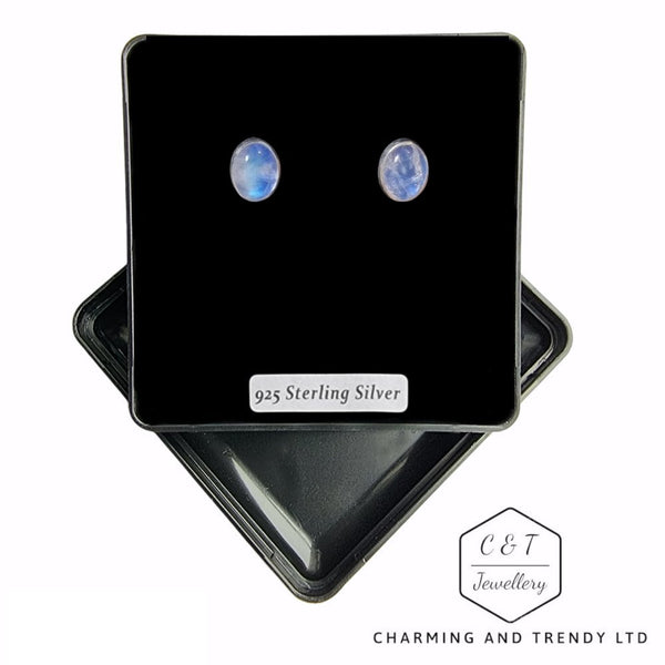 925 Sterling Silver Blue Moonstone Oval Stud Earrings - Charming and Trendy Ltd