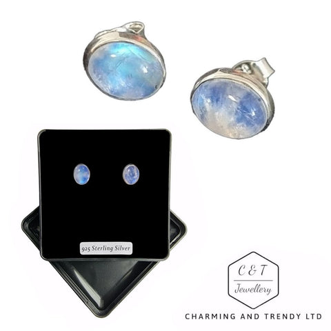 925 Sterling Silver Blue Moonstone Oval Stud Earrings - Charming and Trendy Ltd