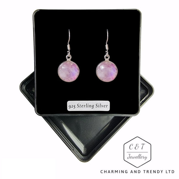 925 Sterling Silver Pink Moonstone Round Drop Earrings - Charming and Trendy Ltd