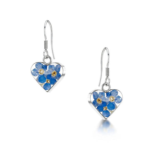 Shrieking Violet Real Flower Forget-Me-Not Silver Heart Drop Earrings FE02 - Charming and Trendy Ltd