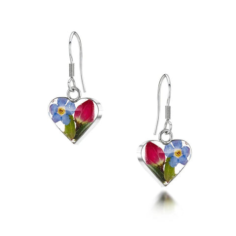 Shrieking Violet Real Flower Forget-Me-Not & Rose Silver Heart Drop Earrings ME09 - Charming and Trendy Ltd