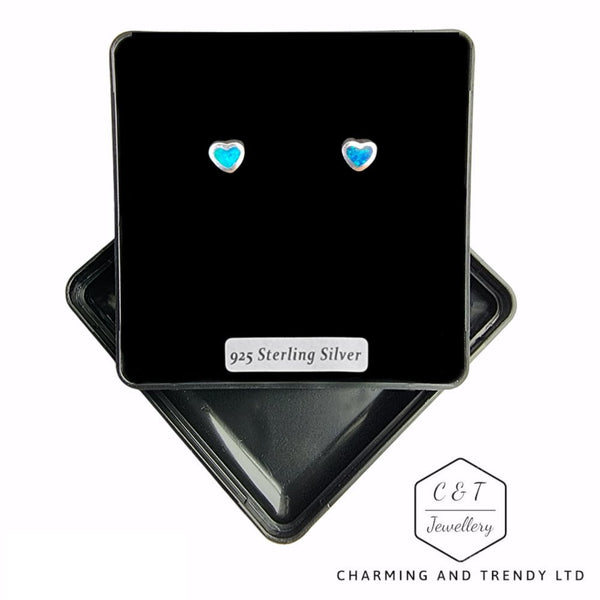 925 Sterling Silver Blue Opal 6mm Heart Stud Earrings - Charming and Trendy Ltd