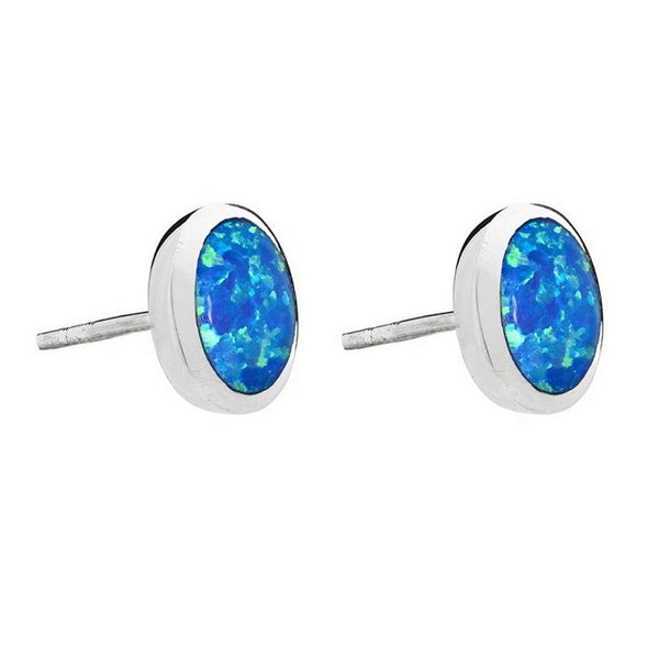 925 Sterling Silver Blue Opal 7mm Round Stud Earrings - Charming and Trendy Ltd#