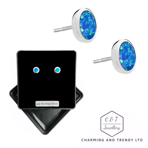 925 Sterling Silver Blue Opal 6mm Round Stud Earrings - Charming and Trendy Ltd