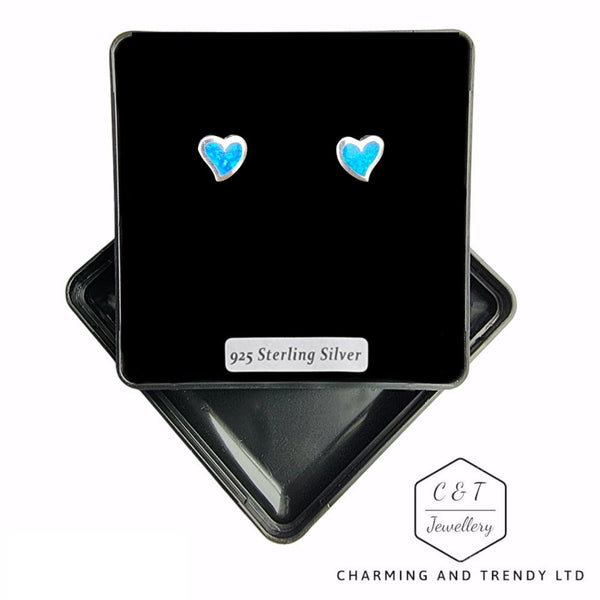 925 Sterling Silver Blue Opal 8mm Curved Heart Stud Earrings - Charming and Trendy