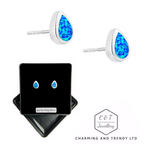 925 Sterling Silver Blue Opal Teardrop 8x5mm Stud Earrings - Charming and Trendy Ltd