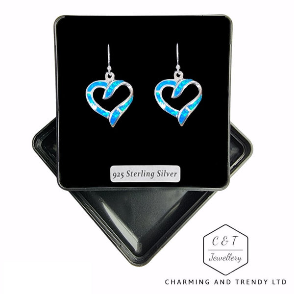 925 Sterling Silver Blue Opal Large Open Heart Drop Earrings - Charming and Tendy Ltd