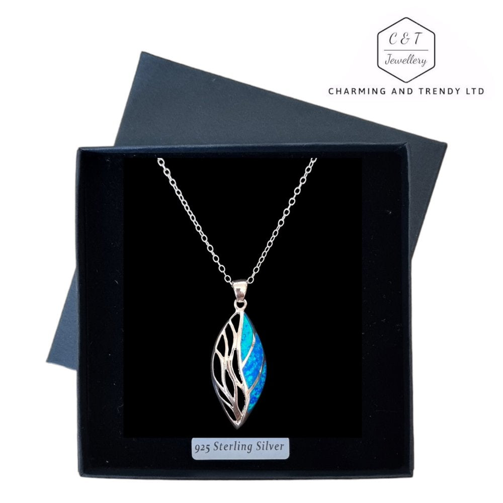 925 Sterling Silver Blue Opal Large Marquise Pendant - Charming and Trendy Ltd