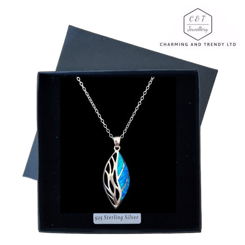 925 Sterling Silver Blue Opal Large Marquise Pendant - Charming and Trendy Ltd
