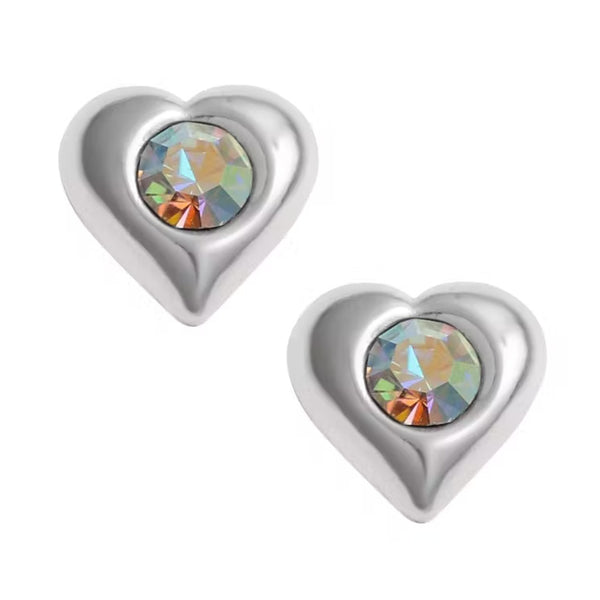 925 Sterling Silver AB Crystal Puff Heart Stud Earrings - Gift Boxed
