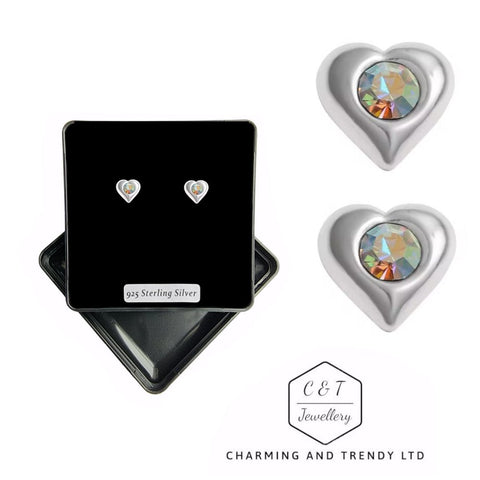 925 Sterling Silver AB Crystal Puff Heart Stud Earrings - Gift Boxed