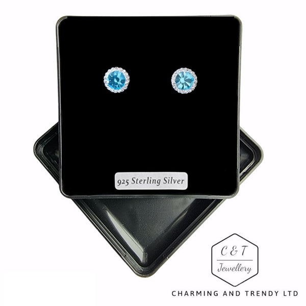 925 Sterling Silver Aqua & Clear Crystal Round Stud Earrings - Gift Boxed