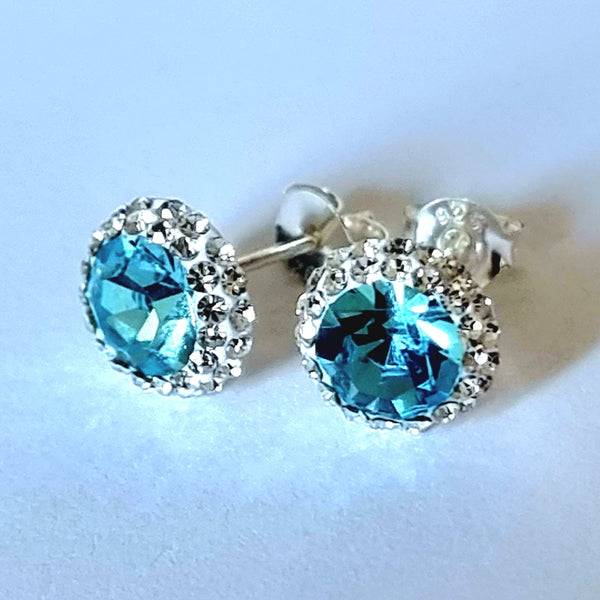 925 Sterling Silver Aqua & Clear Crystal Round Stud Earrings - Gift Boxed
