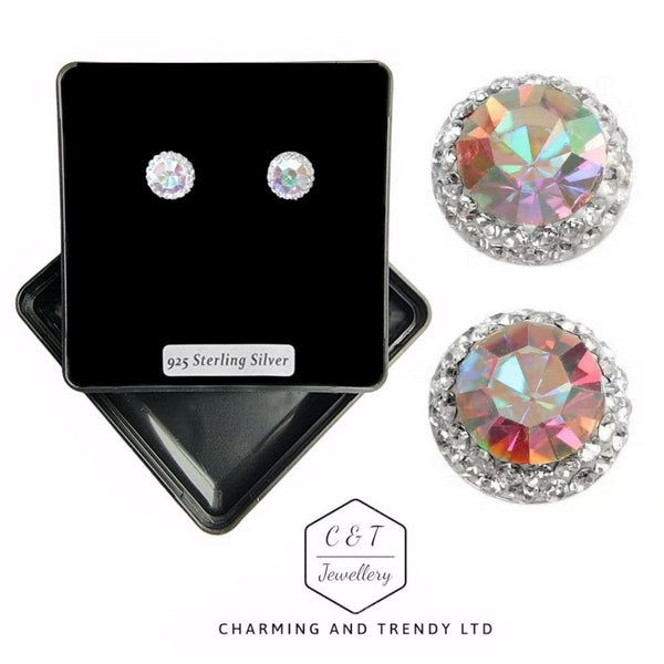 925 Sterling Silver AB & Clear Crystal Round Stud Earrings - Gift Boxed