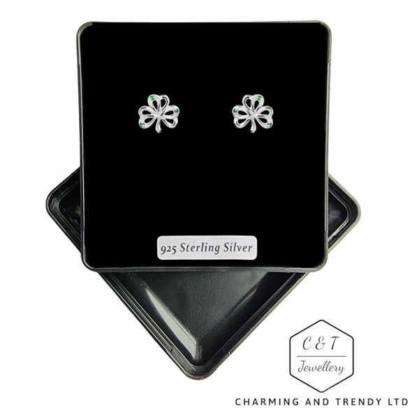 925 Sterling Silver Green Crystal Shamrock Stud Earrings - Gift Boxed