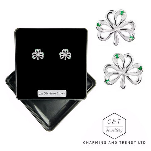 925 Sterling Silver Green Crystal Shamrock Stud Earrings - Gift Boxed