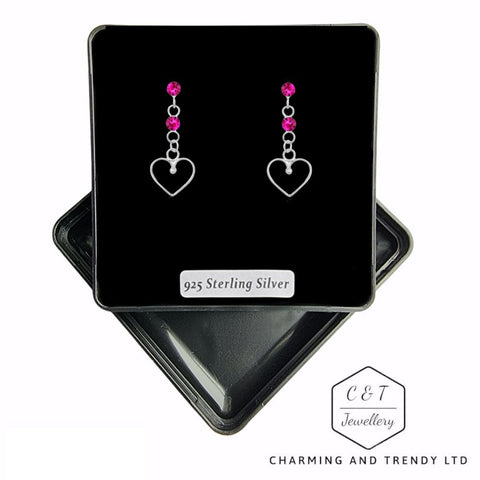 925 Sterling Silver Fuchsia Crystal Dangle Heart Stud Earrings - Charming and Trendy Ltd
