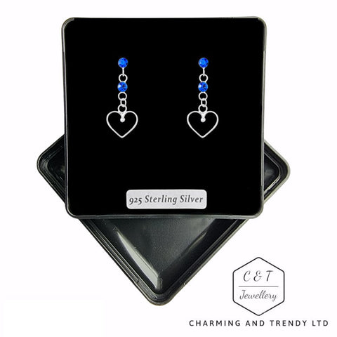 925 Sterling Silver Sapphire Crystal Dangle Heart Stud Earrings - Charming and Trendy Ltd