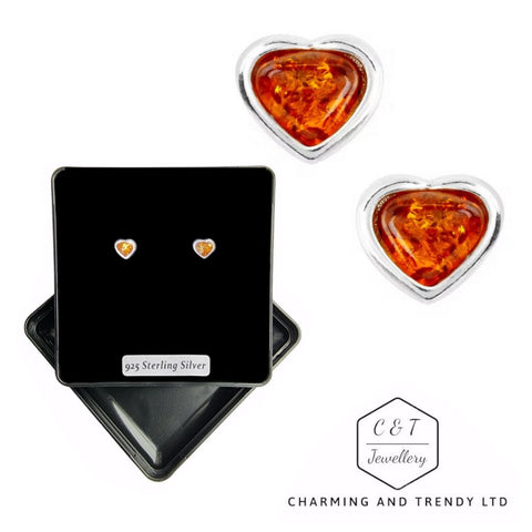 925 Sterling Silver Amber Heart Stud Earrings - Charming and Trendy Ltd
