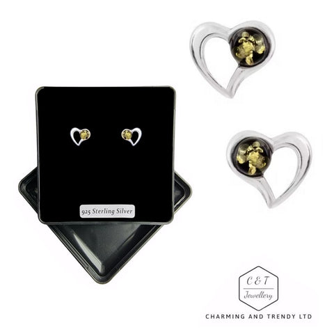 925 Sterling Silver Green Amber Open Heart Stud Earrings - Charming and Trendy Ltd