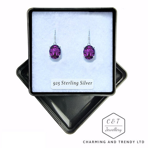 925 Sterling Silver Amethyst CZ Crystal Oval Hook Earrings - Charming and Trendy Ltd