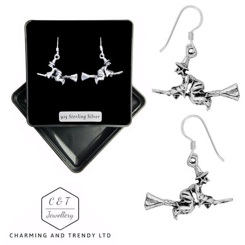 925 Sterling Silver 3d Double Sided Flying Witch Drop Earrings - Charming and Trendy Ltd