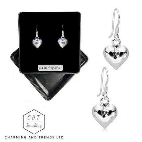925 Sterling Silver Puff Heart Drop Earrings -  Charming and Trendy Ltd
