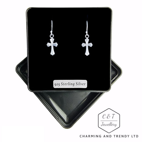 925 Sterling Silver Small Patterned Cross Drop Earrings - Charming and Trendy Ltd