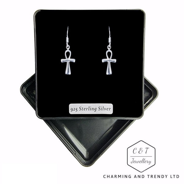 925 Sterling Silver Small Ankh Cross Drop Earrings - Charming and Trendy Ltd