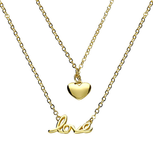 Stirling Silver Gold Plated Heart & Love Double Chain Pendant Necklace - Charming and Trendy Ltd