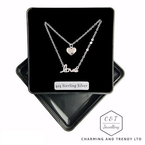 925 Stirling Silver Heart & Love Double Chain Pendant Necklace - Charming and Trendy Ltd