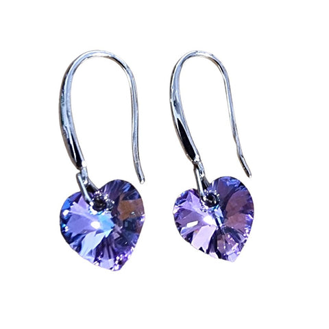 925 Sterling Silver Austrian Crystal Heart Drop Earrings - Various Colours