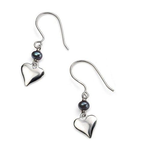 925 Sterling Silver Heart & Black Freshwater Pearl Drop Earrings - Charming and Trendy Ltd