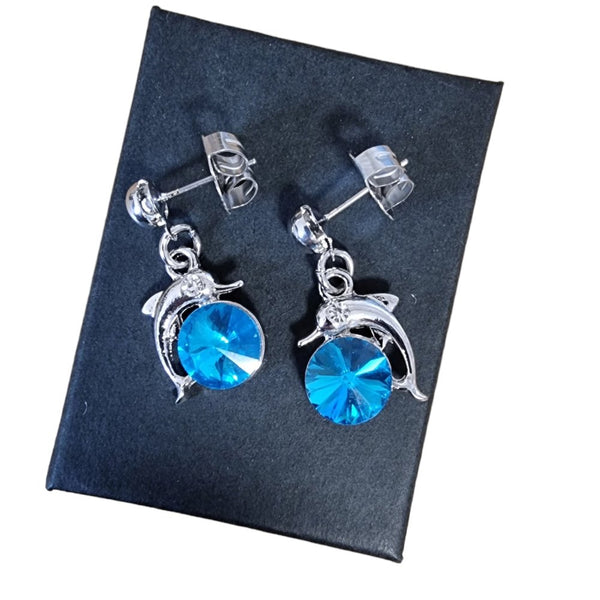 Finest Blue Austrian Crystal Silver Tone Dolphin Stud Earrings - Charming and Tendy Ltd