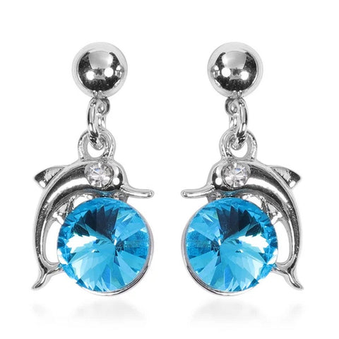 Finest Blue Austrian Crystal Silver Tone Dolphin Stud Earrings - Charming and Tendy Ltd