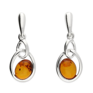 925 Sterling Silver Cognac Amber Fixed Bead Double Hoop Drop Earrings - Charming And Trendy Ltd