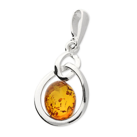 925 Sterling Silver Cognac Amber Fixed Bead Double Hoop Pendant - Charming And Trendy Ltd