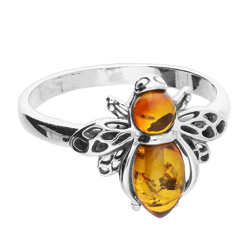 925 Sterling Silver Cognac Amber Bee Ring
