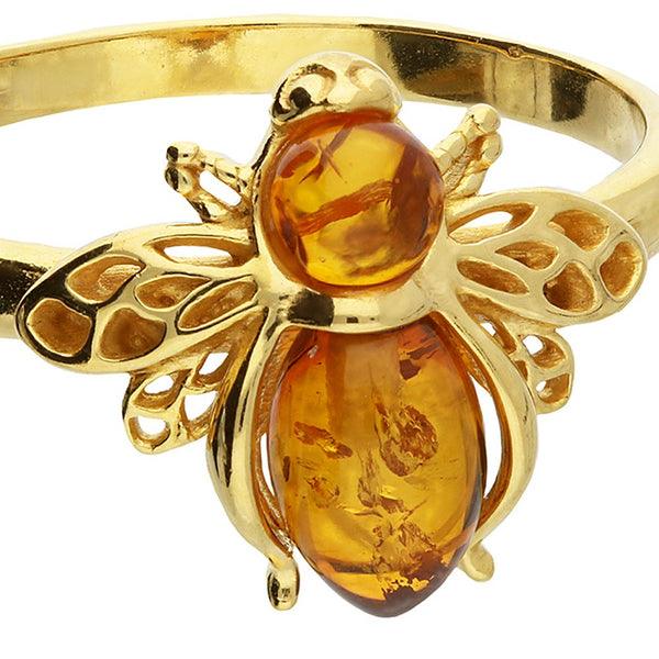 24K Gold Plated 925 Sterling Silver Cognac Amber Bee Ring - Charming and Trendy Ltd