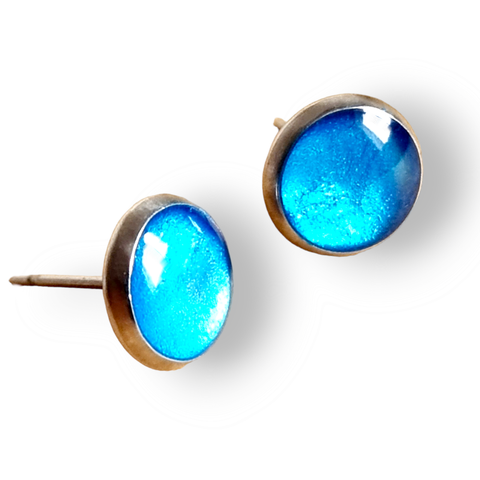 Coloured Sand & Resin Stainless Steel Round Stud Earrings - Sea Blue Pearl - Charming ad Trendy Ltd