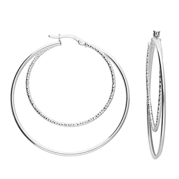925 Sterling Silver Plain and Textured Double Creole Hoop Earrings